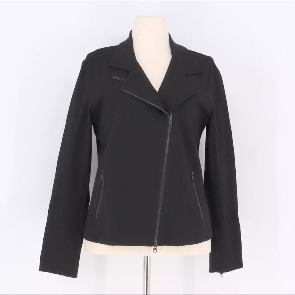 EILEEN FISHER $298 Black Moto Jacket Size PL Zip Up Pockets Asymmetrical Stretch